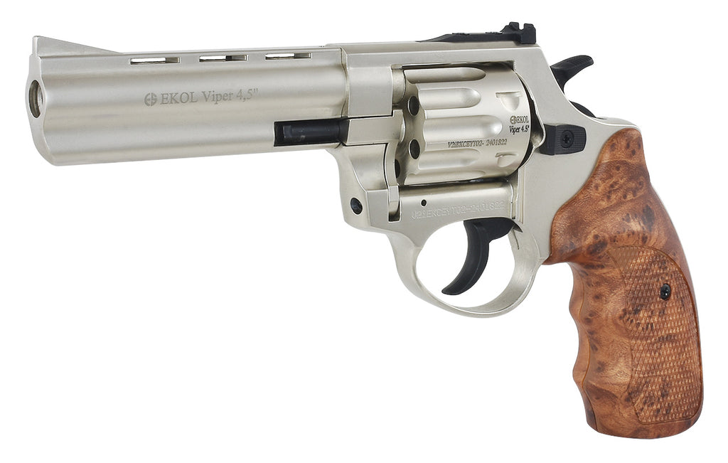 EKOL Viper Schreckschuss Revolver Nickel 4,5" Zoll Kaliber 9mm RK mit Griffschalen in Holzoptik