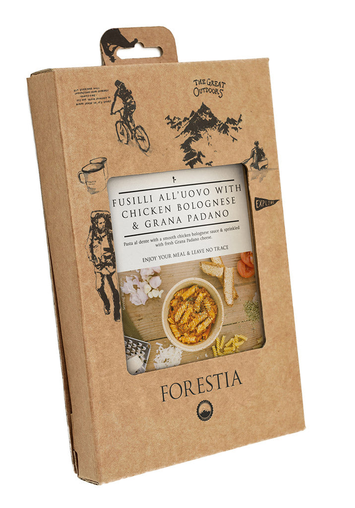 Forestia Essensration "Eier-Spiralnudeln mit Hühnchen-Bolognese und Grana Padano"
