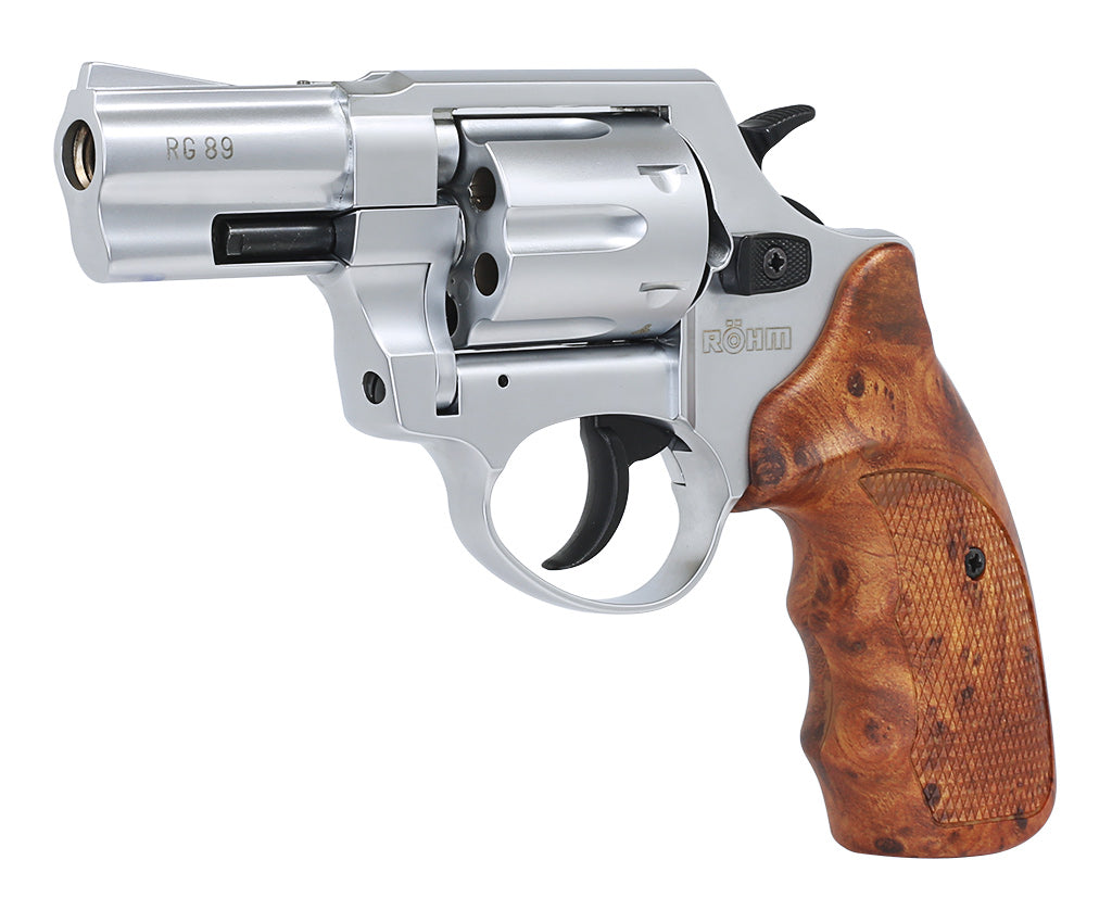 Röhm RG89 Stainless Look Schreckschuss Revolver mit Griffschalen in Holzoptik