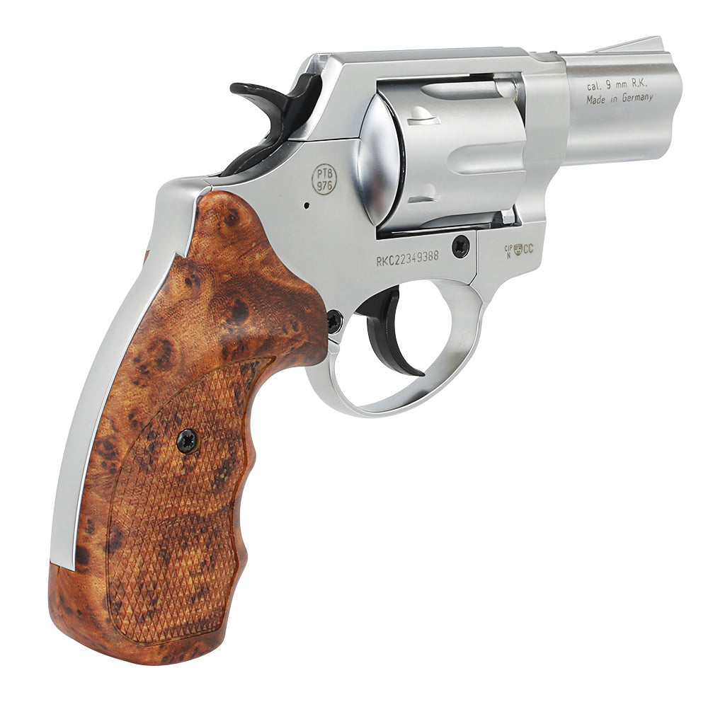 Röhm RG89 Stainless Look Schreckschuss Revolver mit Griffschalen in Holzoptik