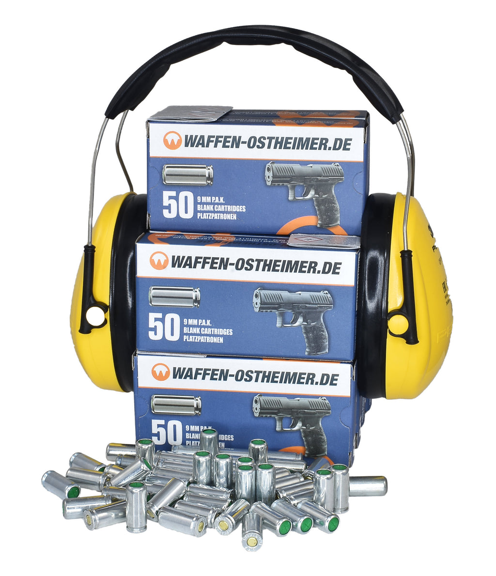 Waffen-Ostheimer Knallpatronen für Schreckschusspistolen 9mm PAK 500er + 3M Peltor Kapselgehörschutz
